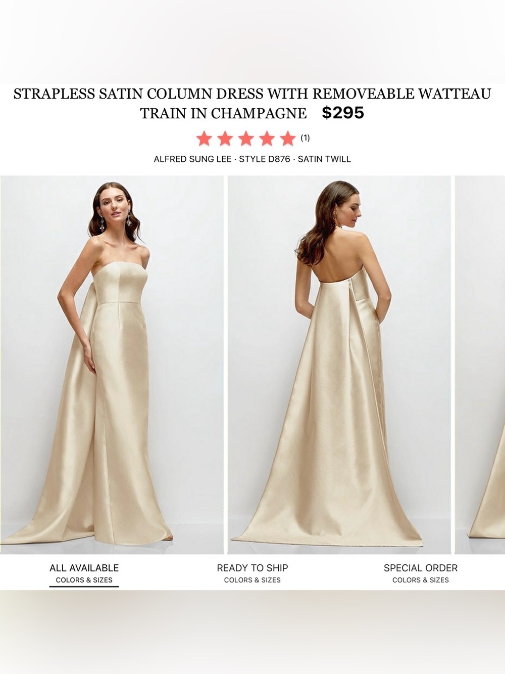 ALFRED SUNG Champagne Strapless Satin Column Gown with Removable Train